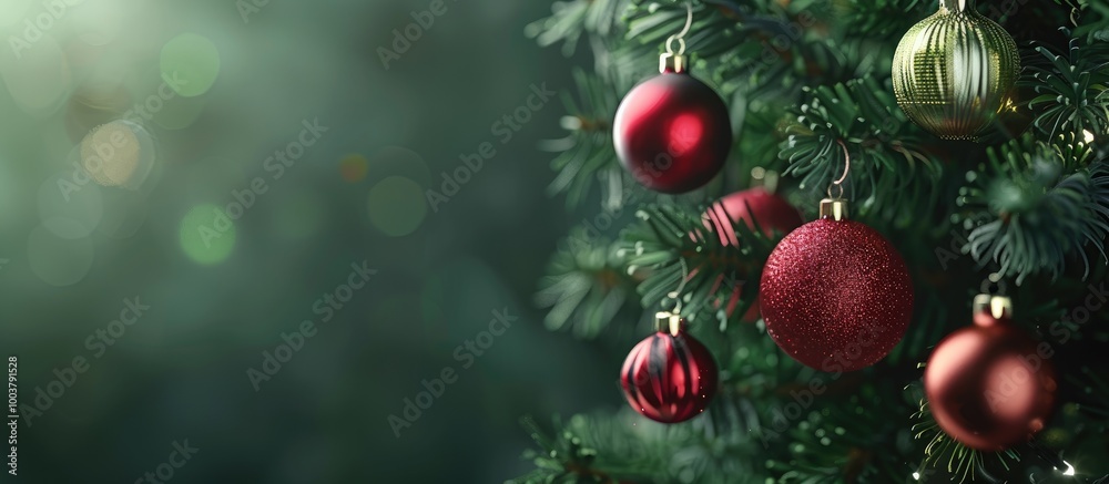 Wall mural hanging christmas ornaments on a christmas tree. copy space image. place for adding text and design