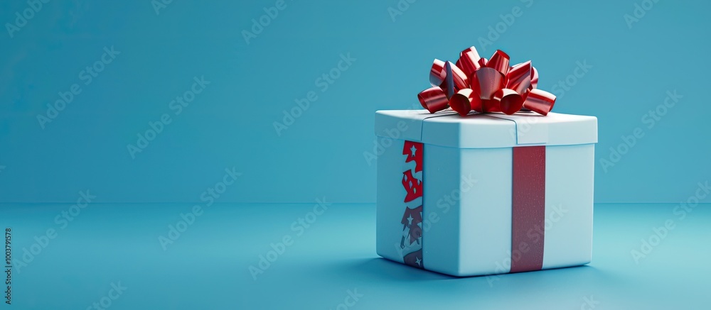 Sticker Christmas gift on a blue backdrop. Copy space image. Place for adding text and design