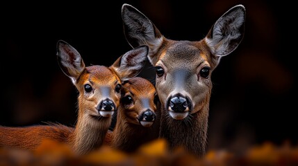 Fototapeta premium Doe and Fawns in Autumn Embrace 