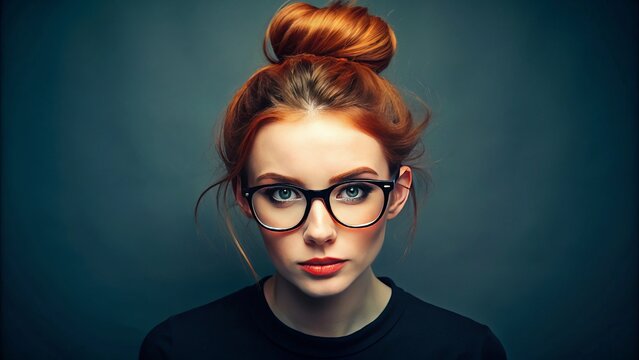 A confident young woman flaunting her red bun, clad in a chic black shirt and glasses, radiates pride