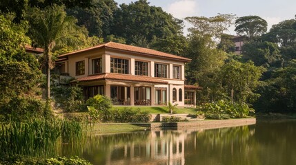 Obraz premium Beautiful Modern House with Red Roof Surrounded by Lush Greenery and Reflecting in a Calm Lake