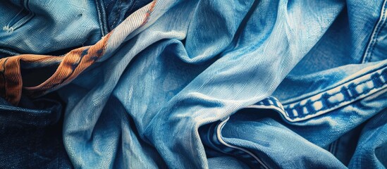 Selective focus on blue denim jeans top view showcasing the detailed fabric The textile material features a cotton pattern signifying a tough and durable garment style Suitable for use as a backgroun