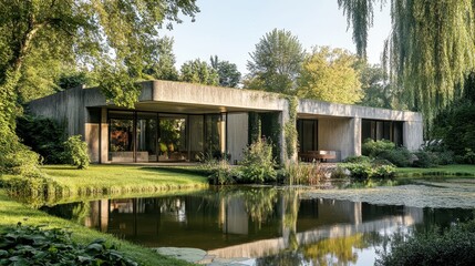 Fototapeta premium Modern Concrete House with Large Windows Overlooking a Serene Pond and Lush Greenery