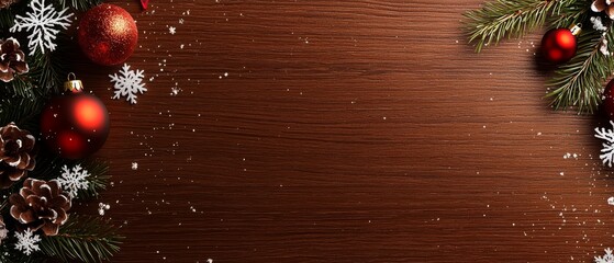  A wooden background adorned with Christmas decorations and pine cones at its base