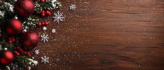  Christmas decorations on a wooden table with snowflake motifs and a Christmas tree topped with real or artificial snowflakes