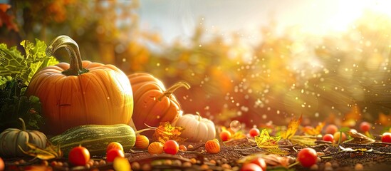 Pumpkin harvest of fall vegetables nutritious vegetables. Copy space image. Place for adding text and design