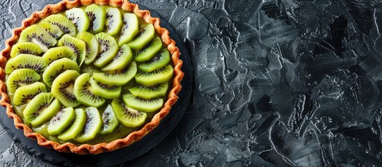 Tasty kiwi filling pie on a stone background with copy space for your text