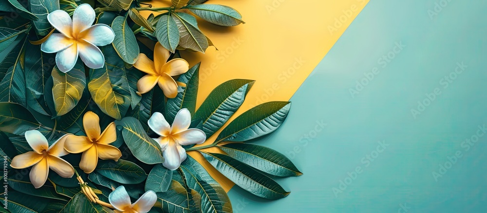Wall mural arrangement of flowers and leaves on a colored background. copy space image. place for adding text a