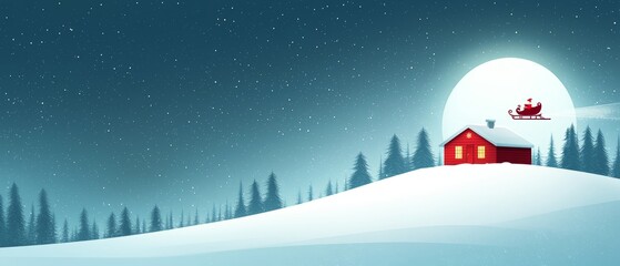 Naklejka premium A red house sits atop a snow-capped hill Above, a sleigh hovers in the clear winter sky A solitary figure is seated within