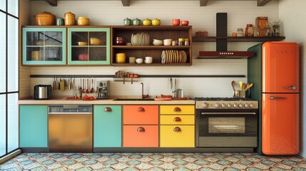 An eclectic kitchen with colorful cabinets