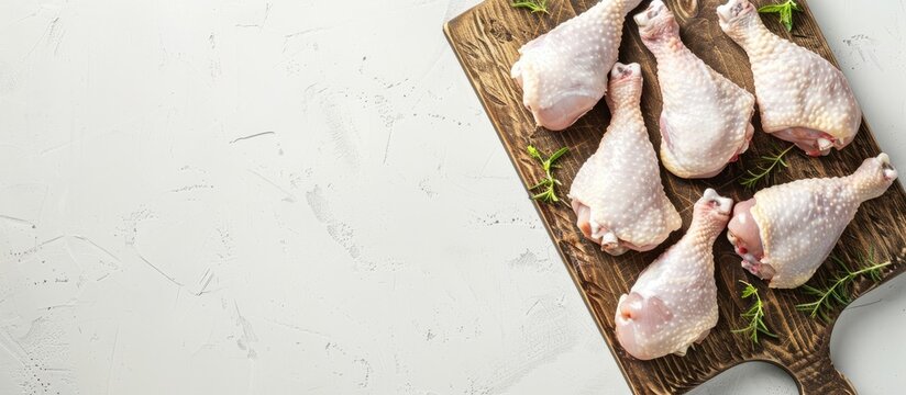 Raw chicken drumsticks on a butcher board with copy space image on a white background captured from the top perspective