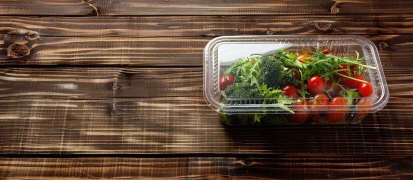 A clear plastic container with neatly wrapped food items on a wooden surface ideal for a copy space image