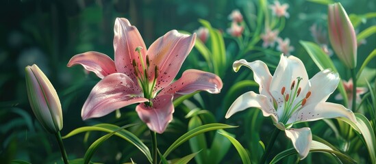 Close up of pink and white lilies blooming in a garden with a background perfect for a copy space image © StockKing