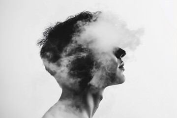 A silhouette of a person with smoke surrounding their head in a creative and artistic composition