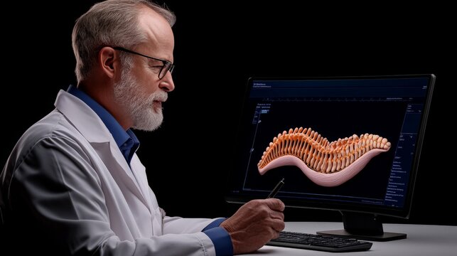 Medical Professional Analyzing 3D Spinal Model 