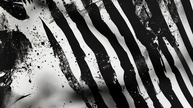 A close-up of a black and white zebra print with splattered paint