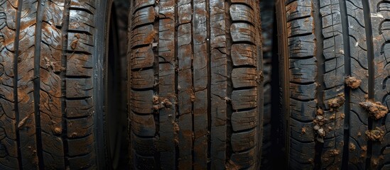 Close up photo of four worn car tires with copy space image
