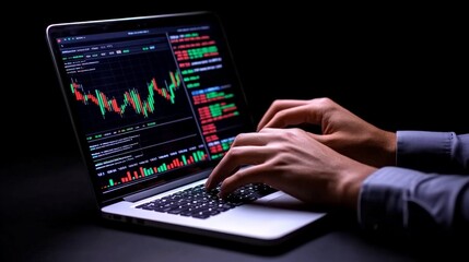Trading in the Dark: A close-up of hands typing on a laptop, illuminated by the glow of a stock market chart displayed on the screen. The dark background suggests a sense of intensity and focus.