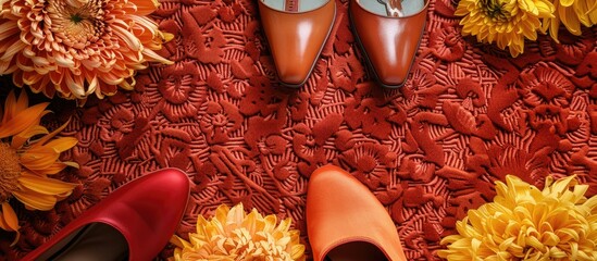 Variety of shoes with chrysanthemum on rug copy space image