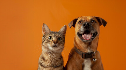 A charming canine and feline strike a pose amidst a lively orange backdrop