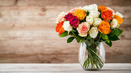 Colorful assortment of roses in a glass vase on a wooden table setting