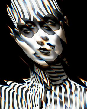 Animation of black and white portrait of a woman with stripes. Contemporary and surreal style
