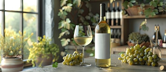 Fototapeta premium White wine bottle with grapes and glasses set on a table in rustic setting offering a charming and inviting copy space image