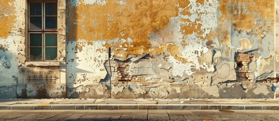 Along a street the outer wall of a building displays peeling paint caused by weather conditions and neglect making it a prime spot for a copy space image