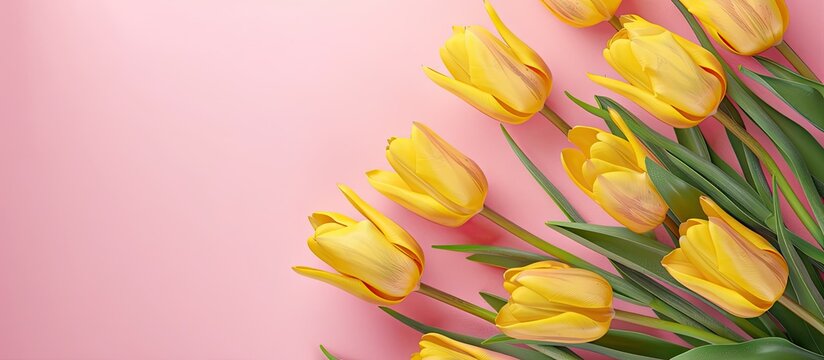 Wild yellow tulip flowers bouquet on a light pink table with pastel tones Closeup shot with copy space image ideal for inspirational text quote or sayings Top view displayed