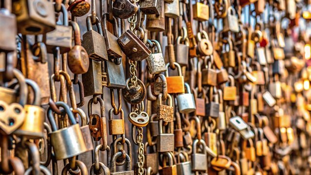 Locked and chained wall with various security devices hanging