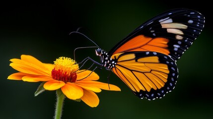 Monarch Butterfly on Zinnia Flower: A vibrant monarch butterfly gracefully lands on a radiant zinnia flower, its wings adorned with intricate black and orange patterns.