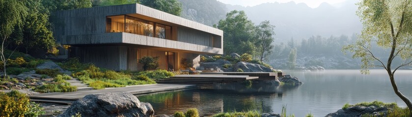 Modern Lakeside House with Large Windows Overlooking Serene Mountain Landscape at Sunrise