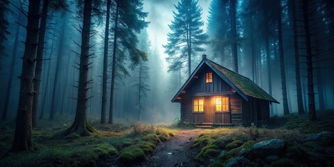 lonely cabin in misty woods with illuminated window
