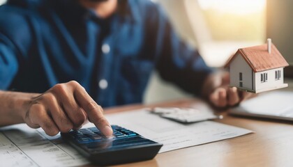 close up young man hand press on calculator to check and summary expense of home loan mortgage 
