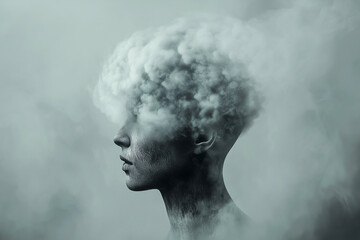 A surreal portrait of a woman with a cloud-like head surrounded by misty smoke
