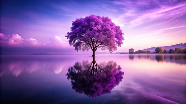 lonely purple tree near mystical lake