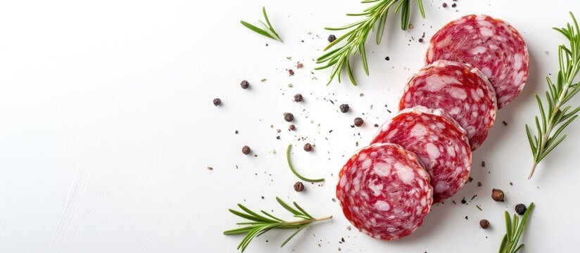 French salami slices with rosemary on a white backdrop Ample copy space image included