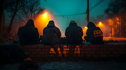 Silhouettes of Friends Sitting on a Brick Wall at Night