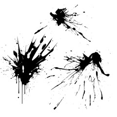 Black and White Ink Splashes Texture Vector Illustration Set. Hand Drawn Paint Drops Pencil Sketch on White Background. Abstract Brush Stroke Splatter Icon Design.