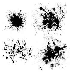 Black and White Ink Splashes Texture Vector Illustration Set. Hand Drawn Paint Drops Pencil Sketch on White Background. Abstract Brush Stroke Splatter Icon Design.