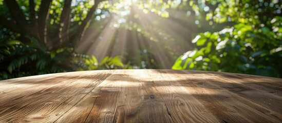 An image showcasing an organic and natural round oak table under sunlight ideal as a background for overlaying products like spa or sunscreen items with ample copy space for additional elements