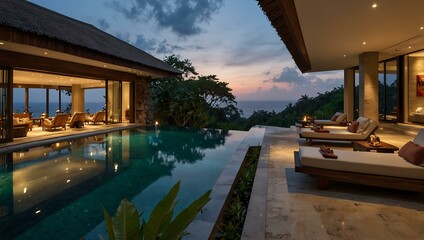 Obraz premium An exotic villa on a cliff, surrounded by lush greenery, focusing on luxury and refreshing beauty.