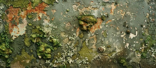 Detailed wall texture featuring mold spots moss damaged paint layers and grunge strokes is ideal for analyzing anti fungal paint with copy space image