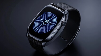 Smartwatch Security:  Close-up of a sleek, modern smartwatch displaying a fingerprint scan on its screen.  The image evokes a sense of security and privacy.