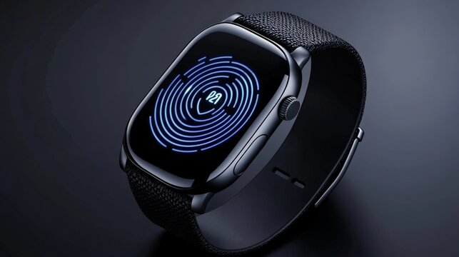 Smartwatch Security:  Close-up of a sleek, modern smartwatch displaying a fingerprint scan on its screen.  The image evokes a sense of security and privacy.
