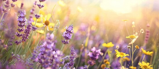 Close up of a row of lavender purple flowers and yellow wildflowers in a summer field with copy space image