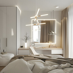 Step into a contemporary bedroom adorned with chic decor and inviting lighting, creating a cozy ambiance. Minimalist design adds to the appeal of a comfortable modern living area