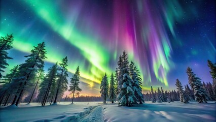 Fototapeta premium Long shot of aurora borealis northern lights over trees on winter night sky in stock photo