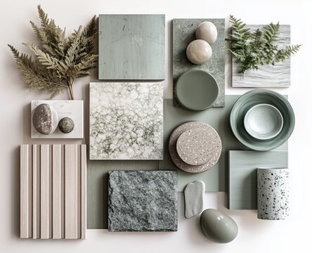An interior board featuring a color palette of grey, green, and white