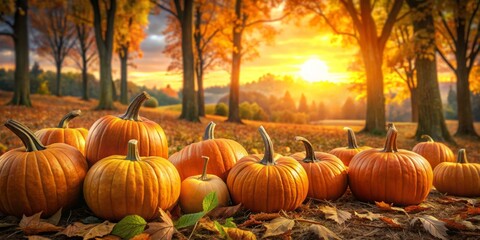 Amidst a stunning autumn forest at sunset, vibrant pumpkins symbolize the rich colors of Thanksgiving harvest themes,